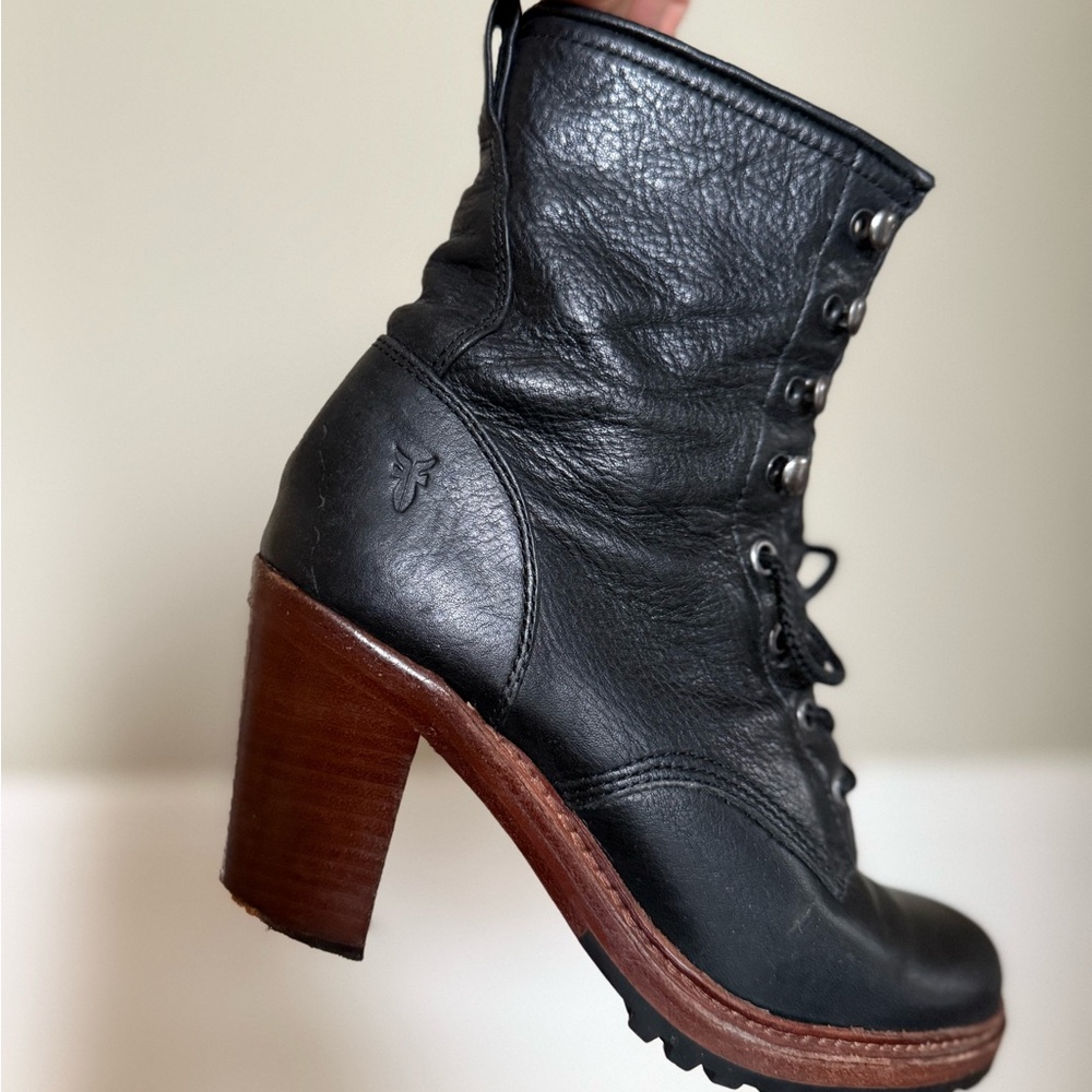 Frye Black Heeled Boots with Lace-Up Design and Chunky Heel
